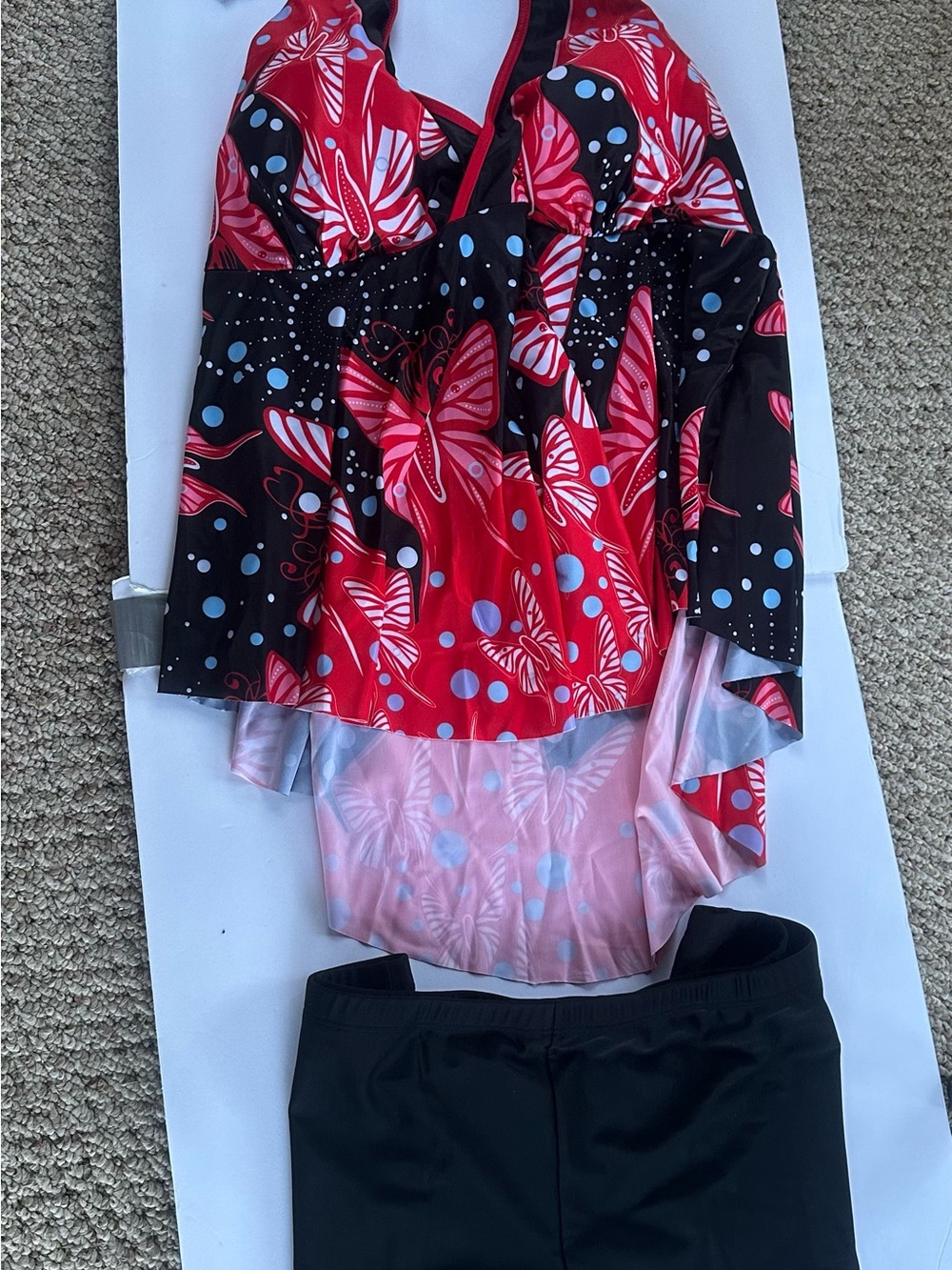 Butterfly Print High Low Swim Top with Boy Shorts in Black & Hot Pink